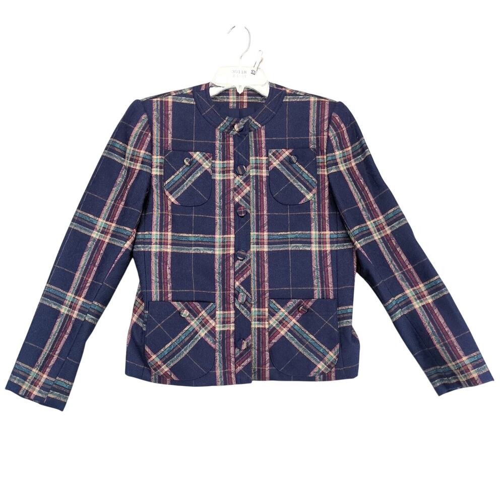 Vtg 80s Doncaster Custom Navy Plaid Button-Front Jacket Women's M Wool Bld Tweed